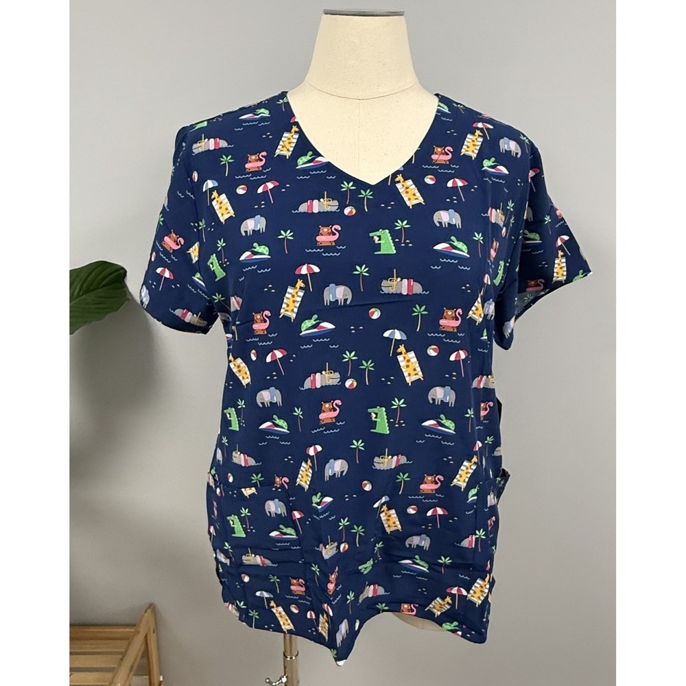 NWT Zoe Chloe Safari Splash Scrub Top 3X Animals Hippo Giraffe Alligator Scrubs